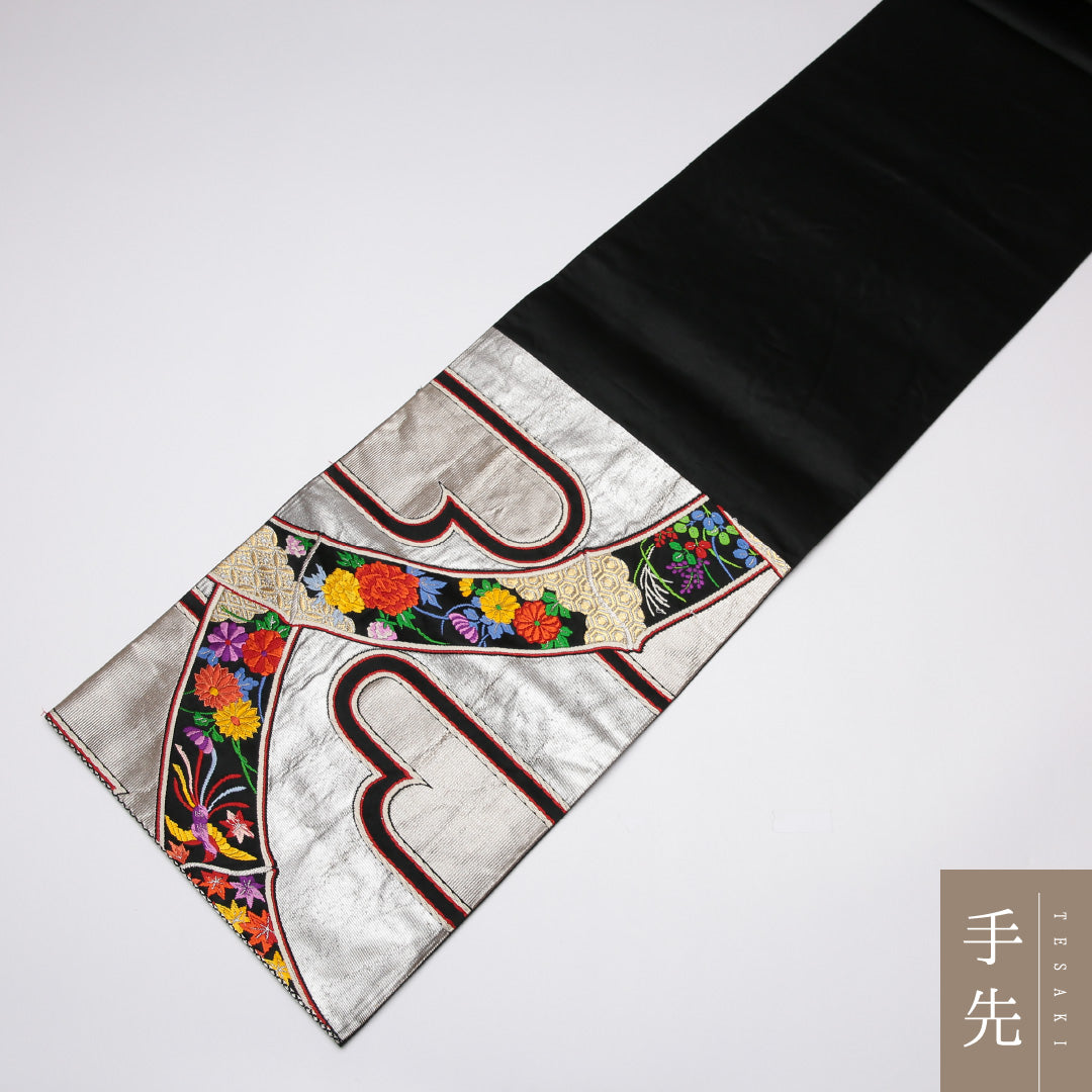 振袖用 袋帯 帯丈412cm 正絹 六通 唐織 尾長鳥 雲取り 竹 金箔 銀系 1243-01182