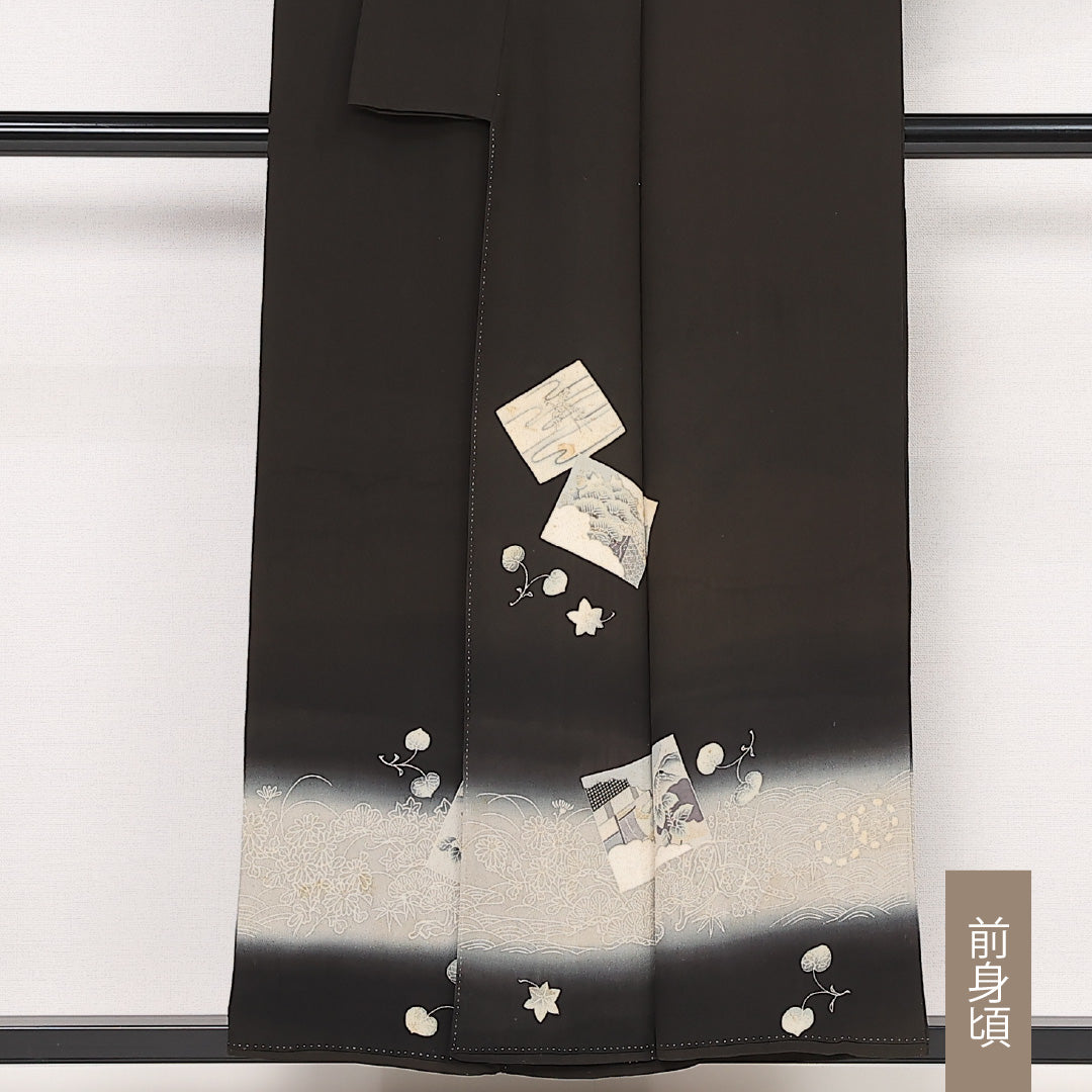 アンティーク 黒留袖 五つ紋 身丈153cm 裄丈64cm Dランク 正絹 袷 広衿 S 鬼灯 色紙 レトロ 遊び心 黒系 1211-F0574