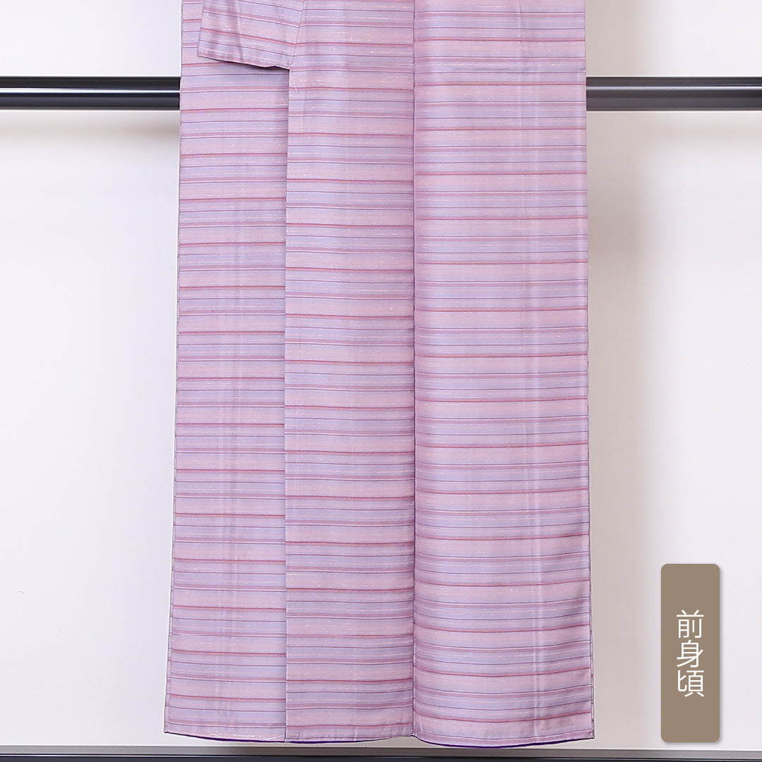 お召 袷 身丈149cm 裄丈63cm 正絹 Bランク インフォーマル 広衿 XSサイズ 縞 紫系 PO 1222-03303