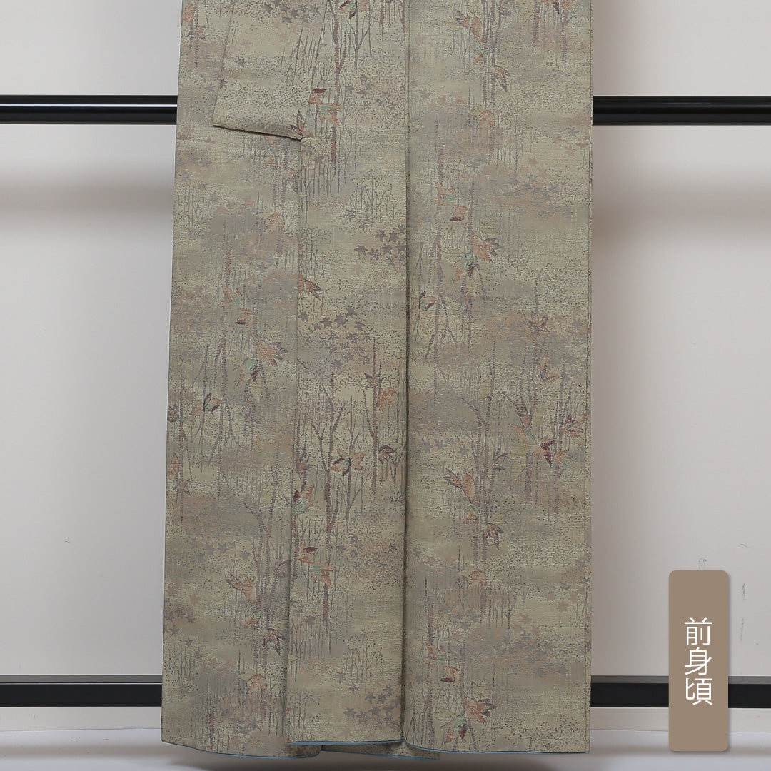 紬 袷 身丈159cm 裄丈62cm 正絹 Sランク カジュアル 広衿 Mサイズ 植物柄 緑系 RP 1223-02971