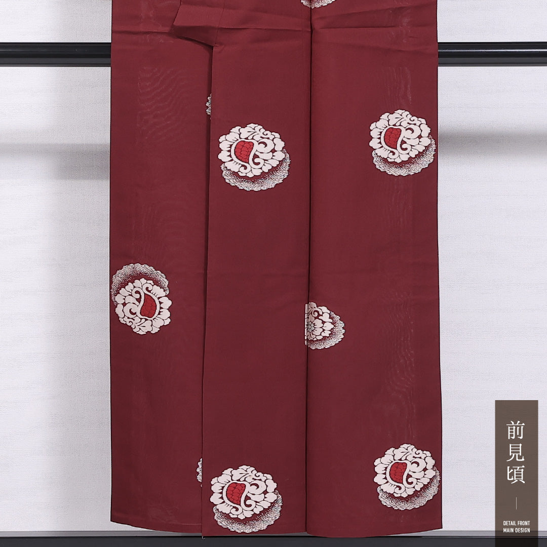 お召 単衣 身丈147cm 裄丈62cm 正絹 Aランク インフォーマル バチ衿 XSサイズ 牡丹 赤系 LP 1222-11793