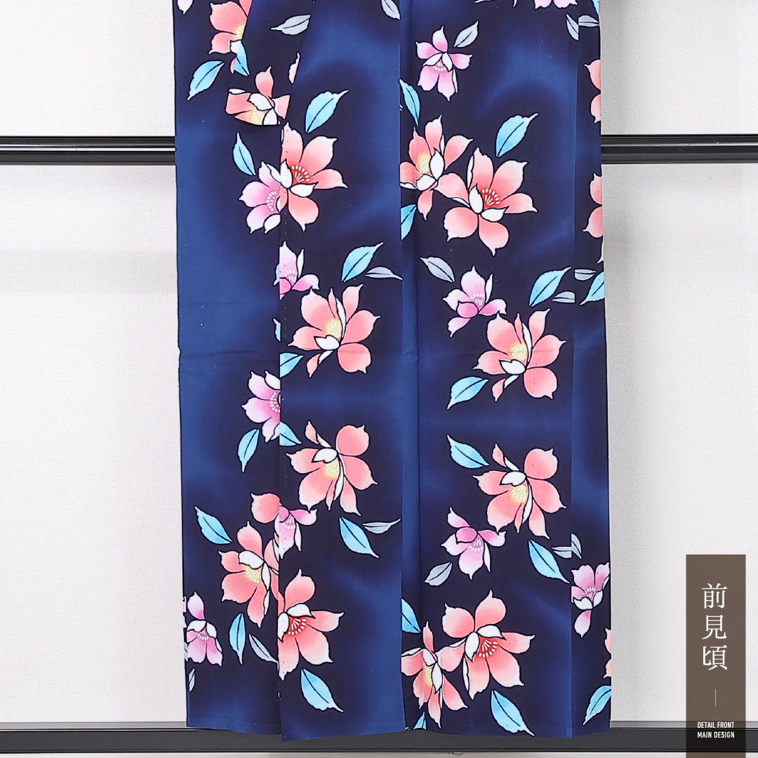 夏物 浴衣 身丈151cm 裄丈66.5cm Sランク S 木綿 洗える着物 夏物 バチ衿 肩当て 椿 カジュアル 紺系 1218-12460