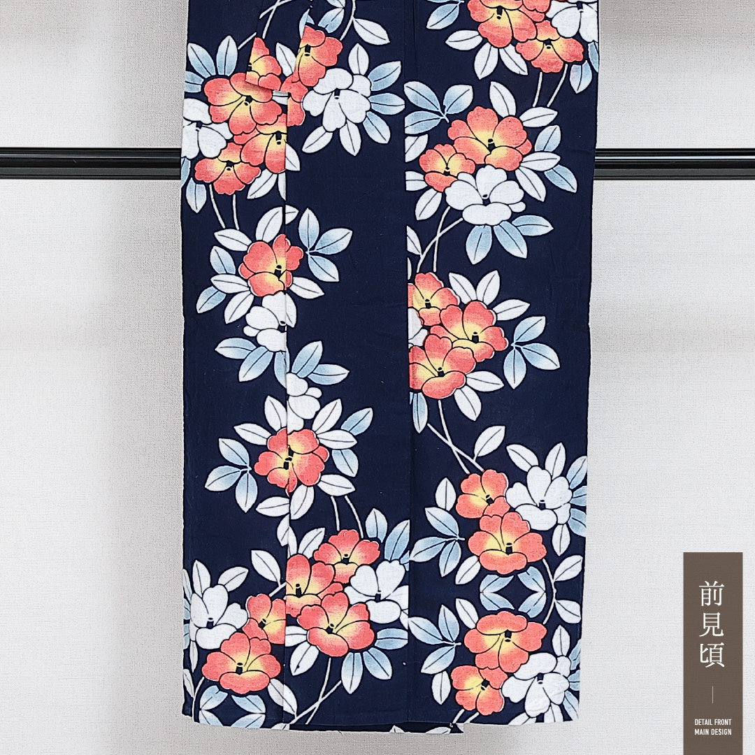 浴衣 夏物 洗える着物 身丈142cm 裄丈60cm Aランク 木綿 バチ衿 XSサイズ カジュアル 花柄 可憐 鮮やか 紺系 1218-14275