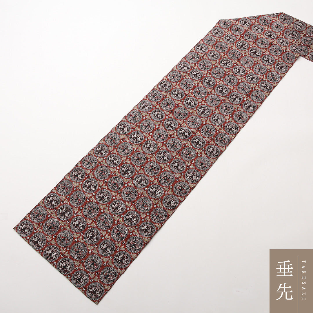 八寸名古屋帯 Sランク 帯丈352cm 正絹 全通 名古屋仕立て 帯芯なし 織り セミフォーマル 樹下双獣文 名物裂 連珠文 茶系 RP 1245-02187