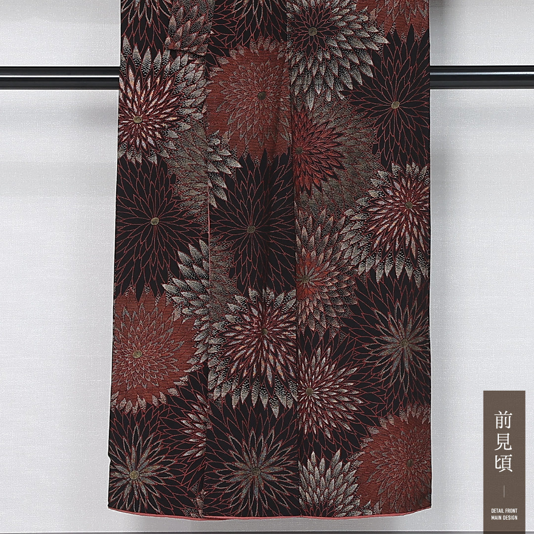 アンティーク 小紋 袷 身丈146cm 裄丈63cm 正絹 Aランク バチ衿 XSサイズ 菊 黒系 M4 1221-12036