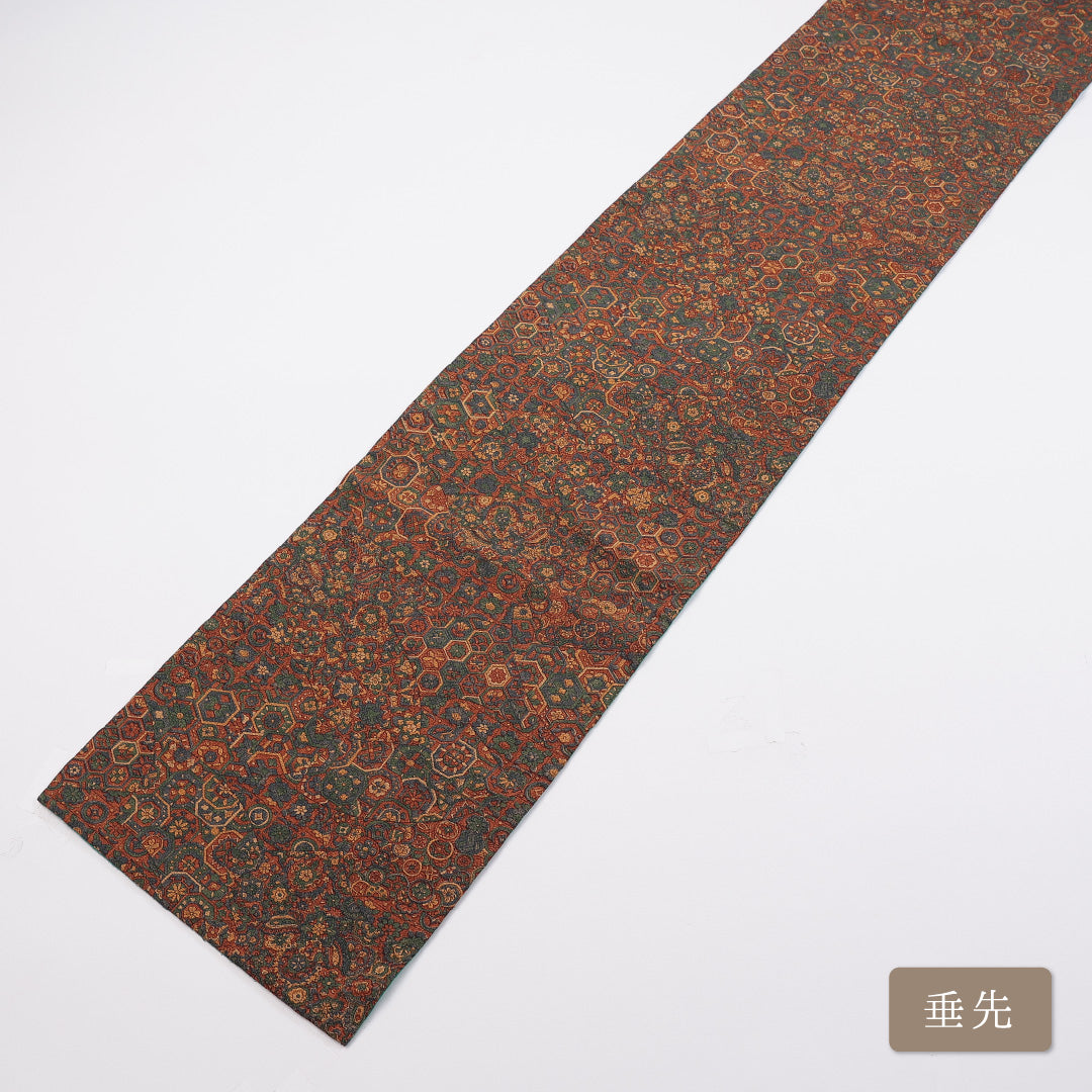 名古屋帯 帯丈418cm 六通 名古屋仕立て Sランク カジュアル 更紗 ちりめん 正絹 茶系 1224-00922