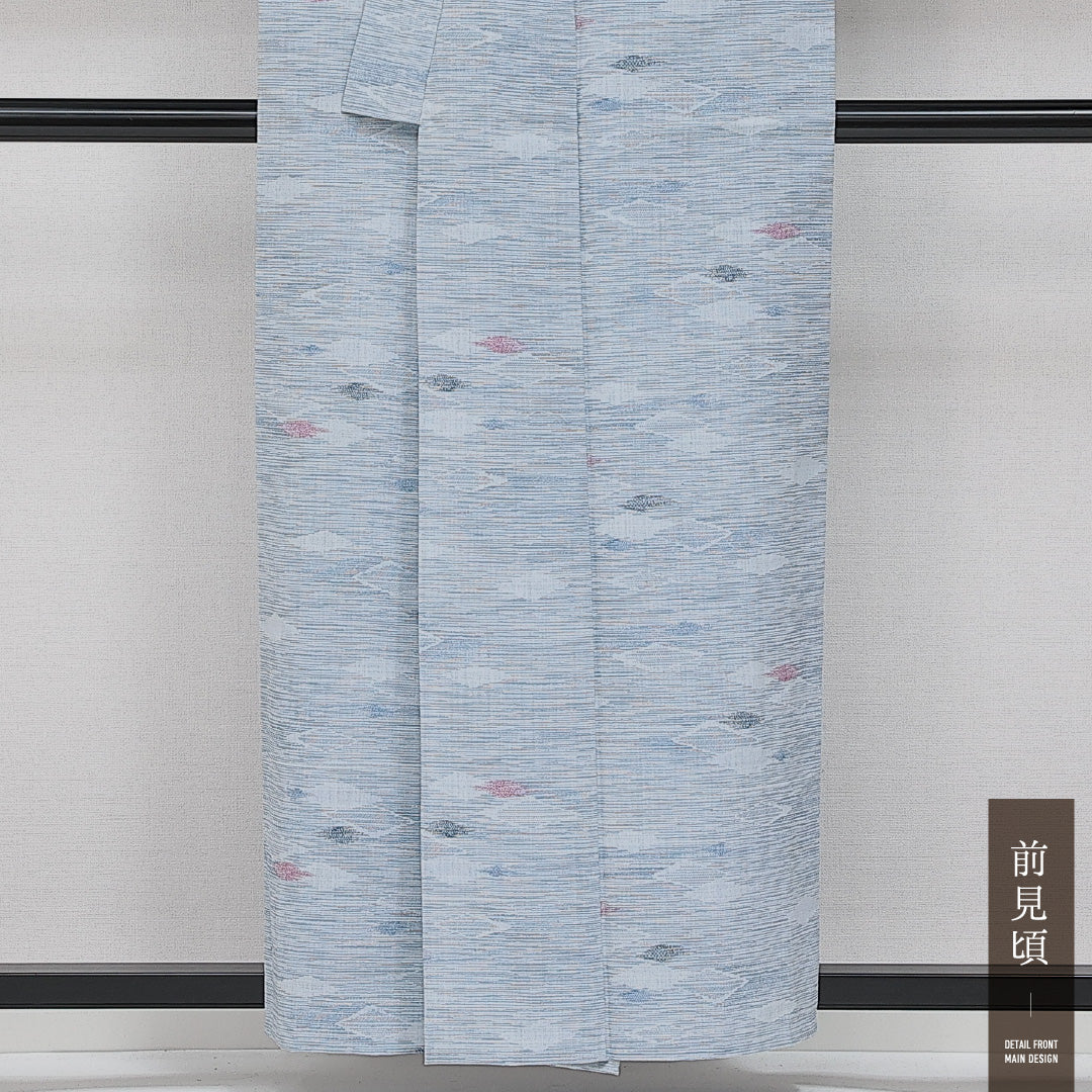 紬 夏紬 身丈156cm 裄丈62cm Aランク 正絹 バチ衿 Mサイズ カジュアル 創作柄 素朴 爽やか 水色系 1216-14419