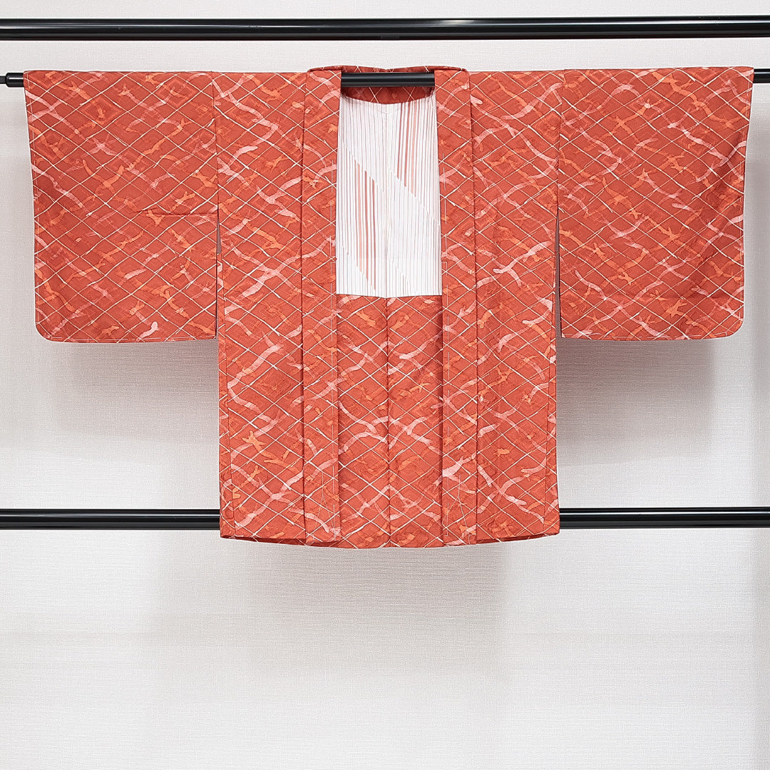 羽織 袷 身丈82cm 裄丈65cm 正絹 Sランク カジュアル Mサイズ 菱 朱系 RP 1232-14653