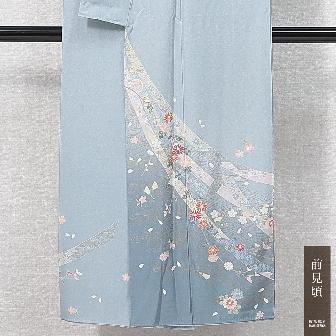訪問着 袷 身丈144cm 裄丈59cm 正絹 Aランク セミフォーマル 広衿 XSサイズ 短冊 菊 水色系 RP 1217-14902