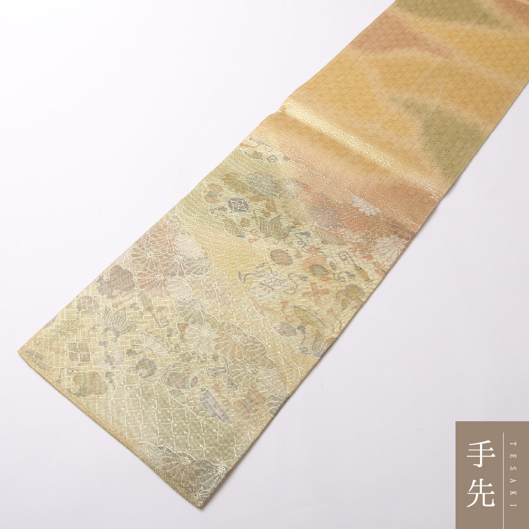 袋帯 帯丈428cm 正絹 六通 フォーマル 楼閣 山水 金系 1243-01622