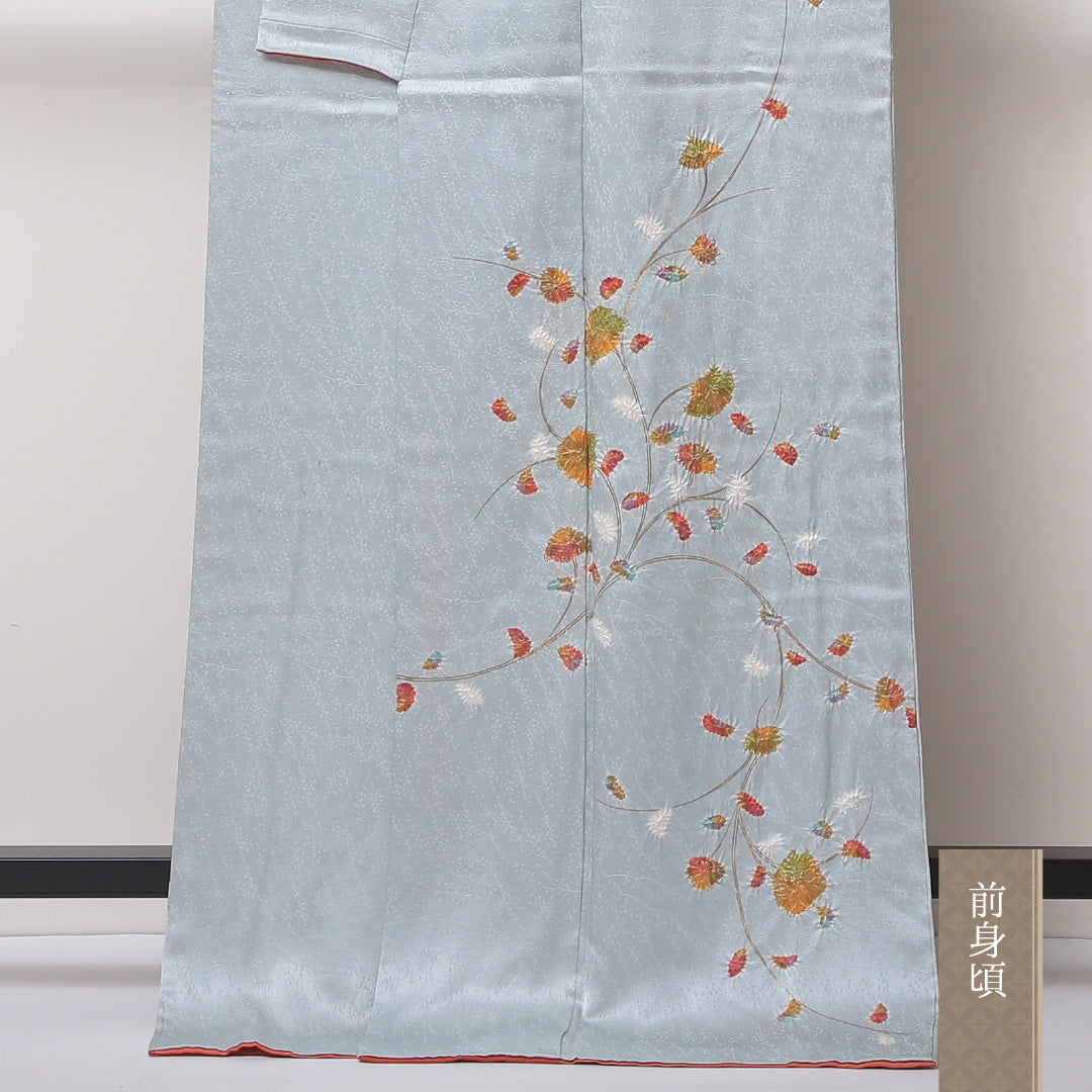 付下げ 袷 身丈170~174cm 裄66.5cm 正絹 部分絞り 草花 水色系 Cランク 1212-00605