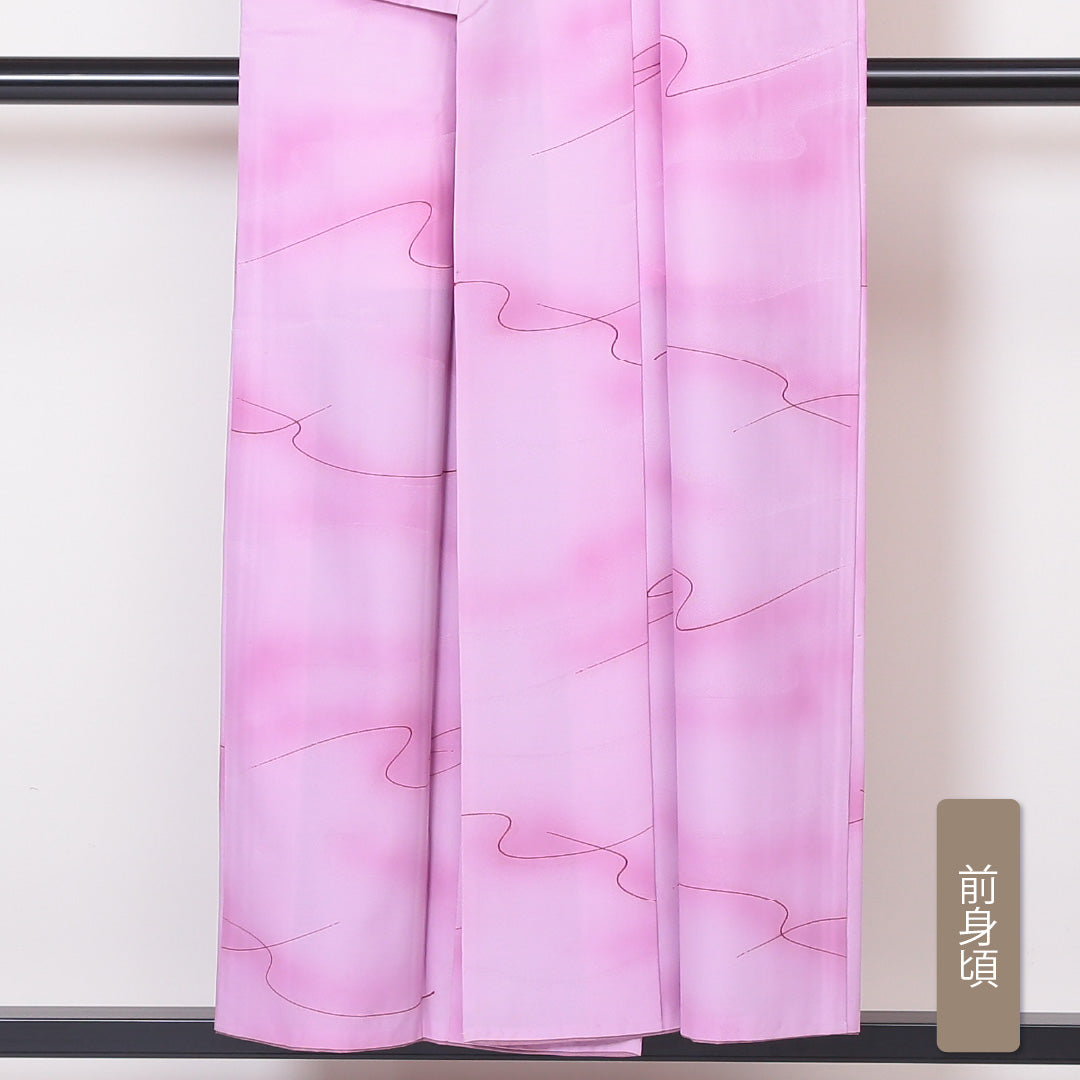 小紋 袷 身丈152cm 裄61cm ピンク系 流水 洗える着物 Bランク 1215-01860-4213