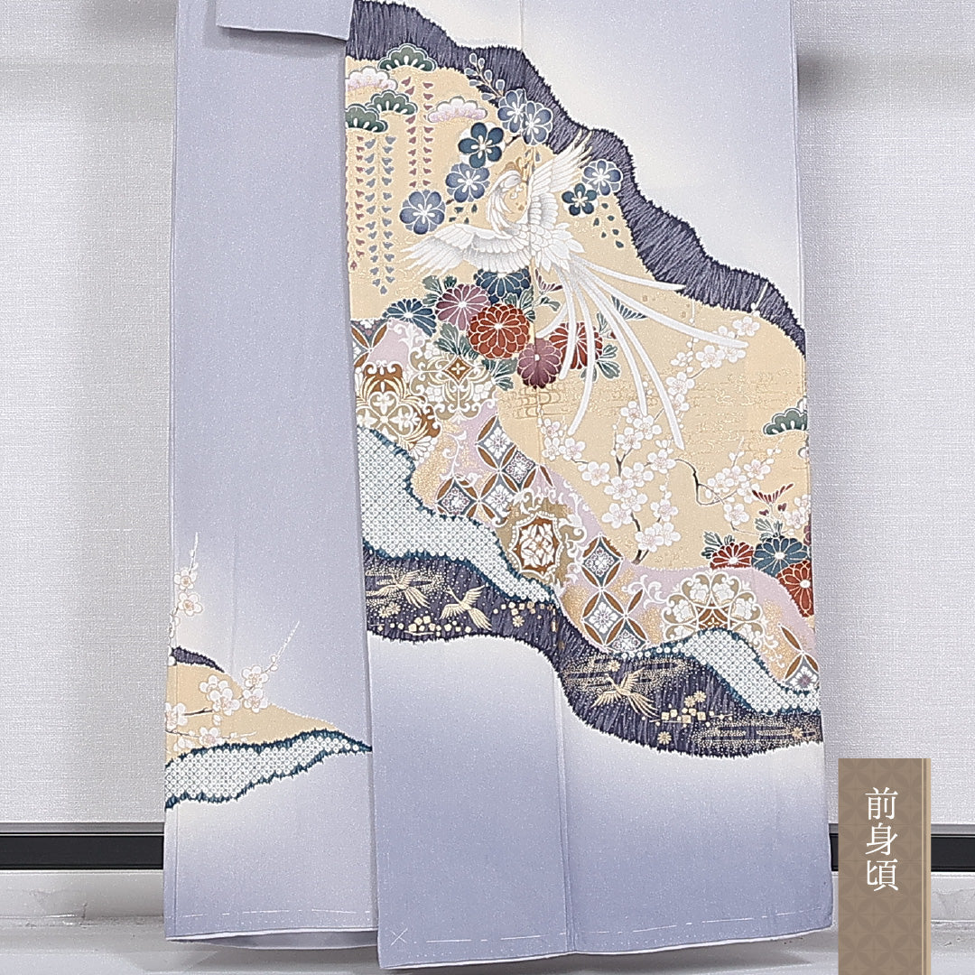 色留袖 身丈160cm 裄丈64.5cm 袷 一つ紋 四ツ目菱 正絹 Bランク 広衿 尾長鳥 アラベスク 1211-F0357