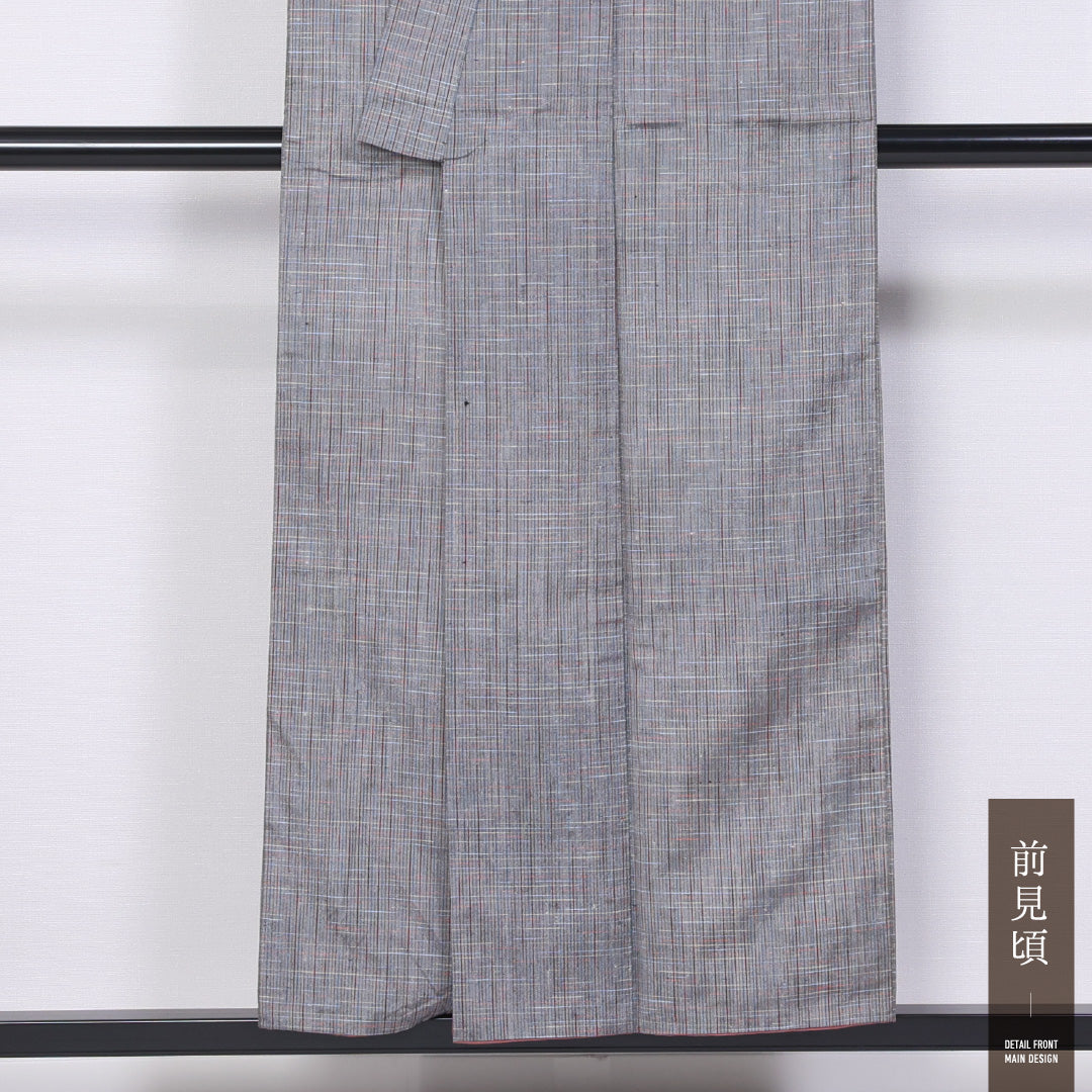 真綿紬 袷 身丈151cm 裄丈62cm 正絹 Bランク カジュアル 広衿 Sサイズ 格子 グレー系 M4 1223-11499