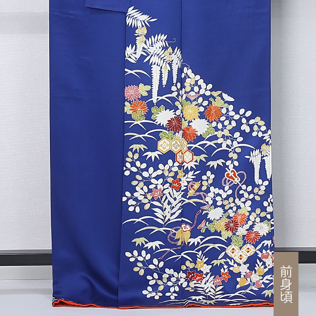 小振袖 身丈168cm 裄丈65cm Aランク 袷 正絹 M 広衿 吉祥文様 古典柄 菊 藤 桔梗 花柄 萩 青系 1213-F0444
