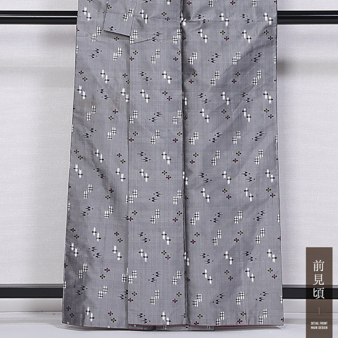 琉球絣の着物 袷 身丈161cm 裄丈64cm 正絹 Aランク カジュアル 広衿 Lサイズ トゥイグァー グレー系 M4 1223-11173