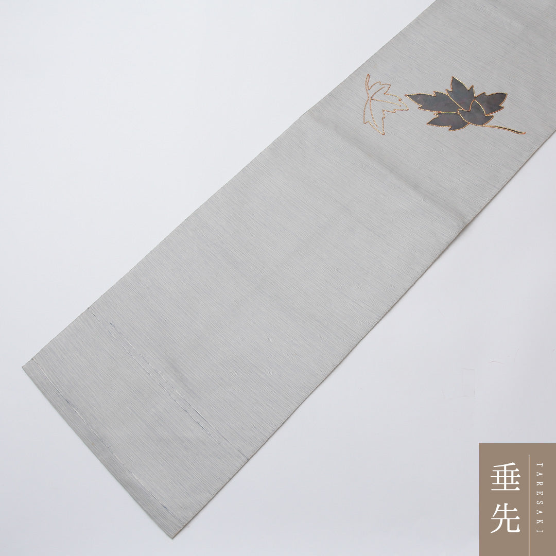 夏物 名古屋帯 ポイント柄 帯丈351cm カジュアル Aランク 正絹 切嵌め 紗 金駒刺繍 植物柄 グレー系 1224-02032