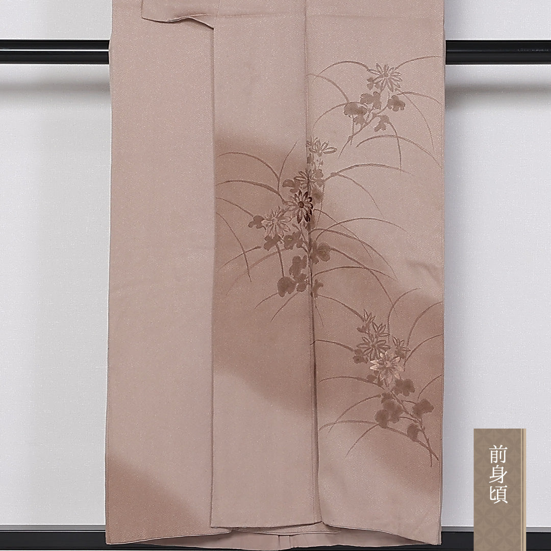 訪問着 袷 身丈154cm 裄64cm 正絹 一つ紋 刺繍 花柄 五三桐 Aランク 1212-00792