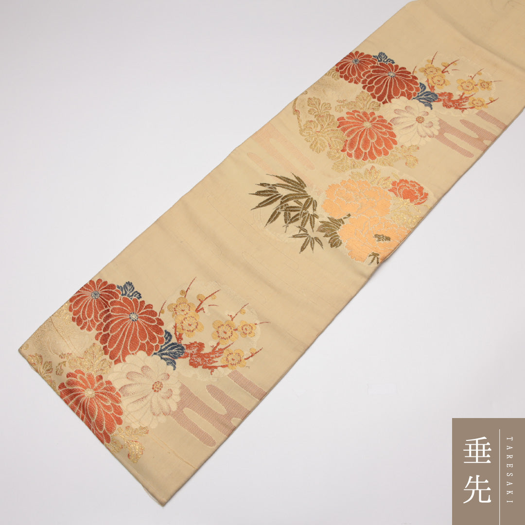 アンティーク 名古屋帯 帯丈339cm Cランク 名古屋仕立て ポイント柄 正絹 雪輪 菊 エ霞 セミフォーマル クリーム系 1224-01535