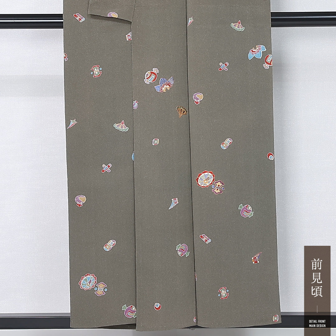 小紋 身丈150cm 裄丈63cm Aランク S 正絹 単衣 広衿 織り出し 金駒刺繍 宝尽くし カジュアル 緑系 1215-12307