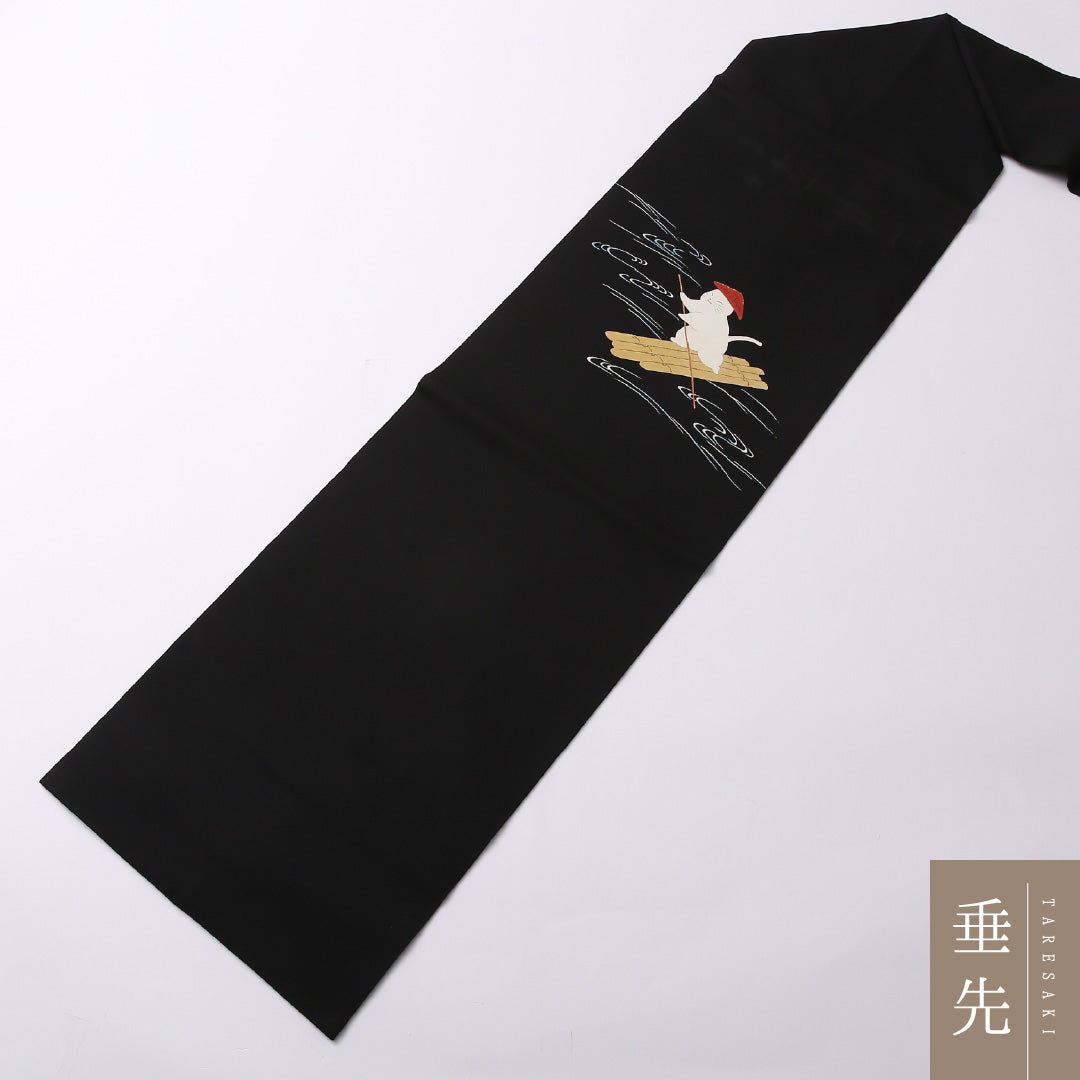 九寸名古屋帯 Aランク 帯丈362cm 正絹 ポイント柄 名古屋仕立て 染め カジュアル 塩瀬 猫 黒系 M4 1245-02566