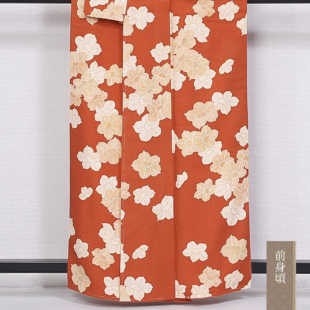 小紋 袷 身丈159cm 裄丈63cm 正絹 Sランク インフォーマル 広衿 Mサイズ 椿 朱系 RP 1221-10539