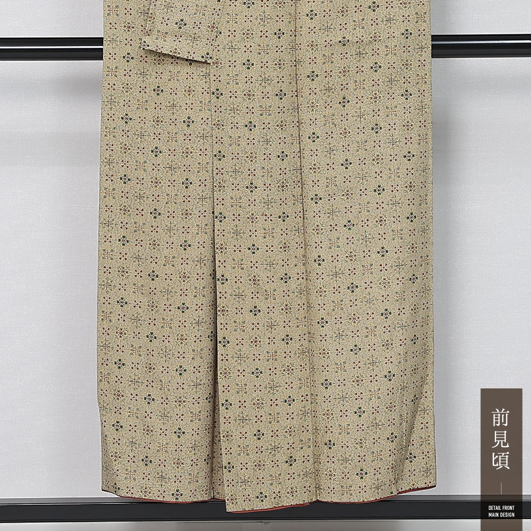 小紋 身丈150cm 裄丈63cm Aランク S 正絹 袷 広衿 オリエンタル 花菱 カジュアル 緑系 1215-11996