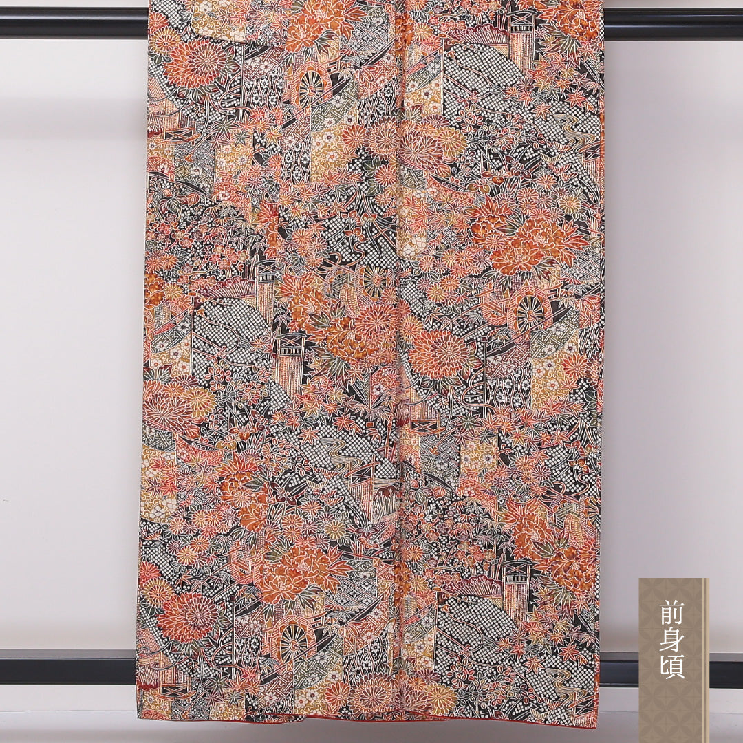 小紋 袷 身丈158cm 裄丈62cm 正絹 Sランク インフォーマル 広衿 Mサイズ 御所解 朱系 RP 1221-02262