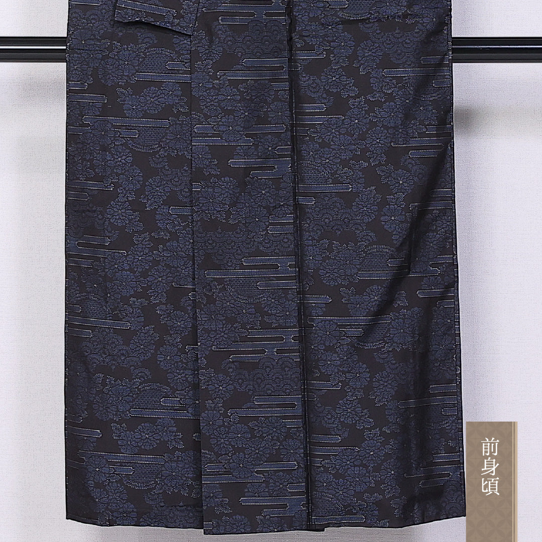 大島紬 袷 身丈146cm 裄丈63cm 正絹 Aランク インフォーマル 広衿 XSサイズ エ霞 青海波 牡丹 紺系 RP 1223-10878