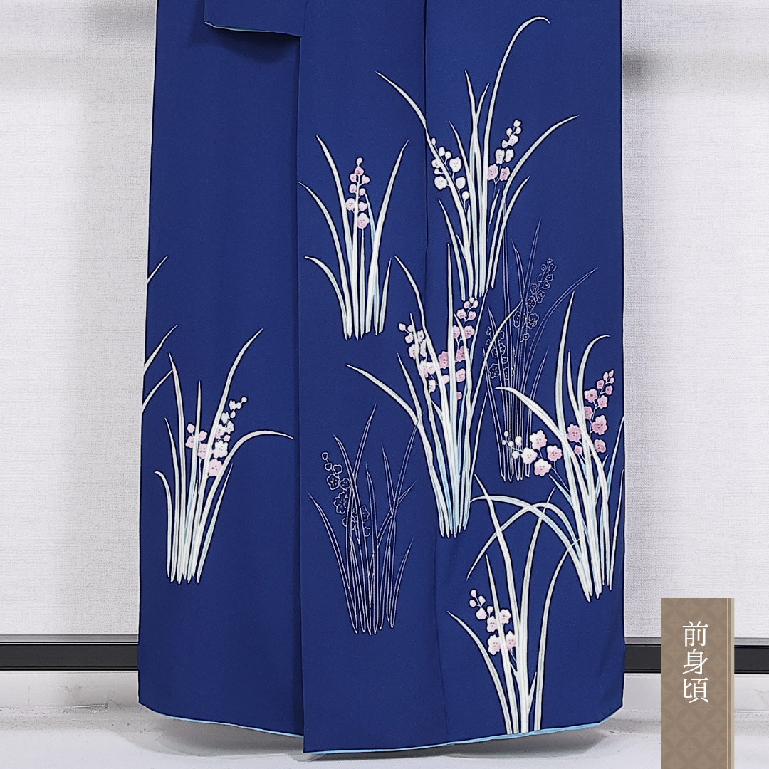 付下げ 袷 身丈157cm 裄丈63cm 正絹 Sランク インフォーマル 広衿 Mサイズ 花柄 紺系 RP 1218-10361
