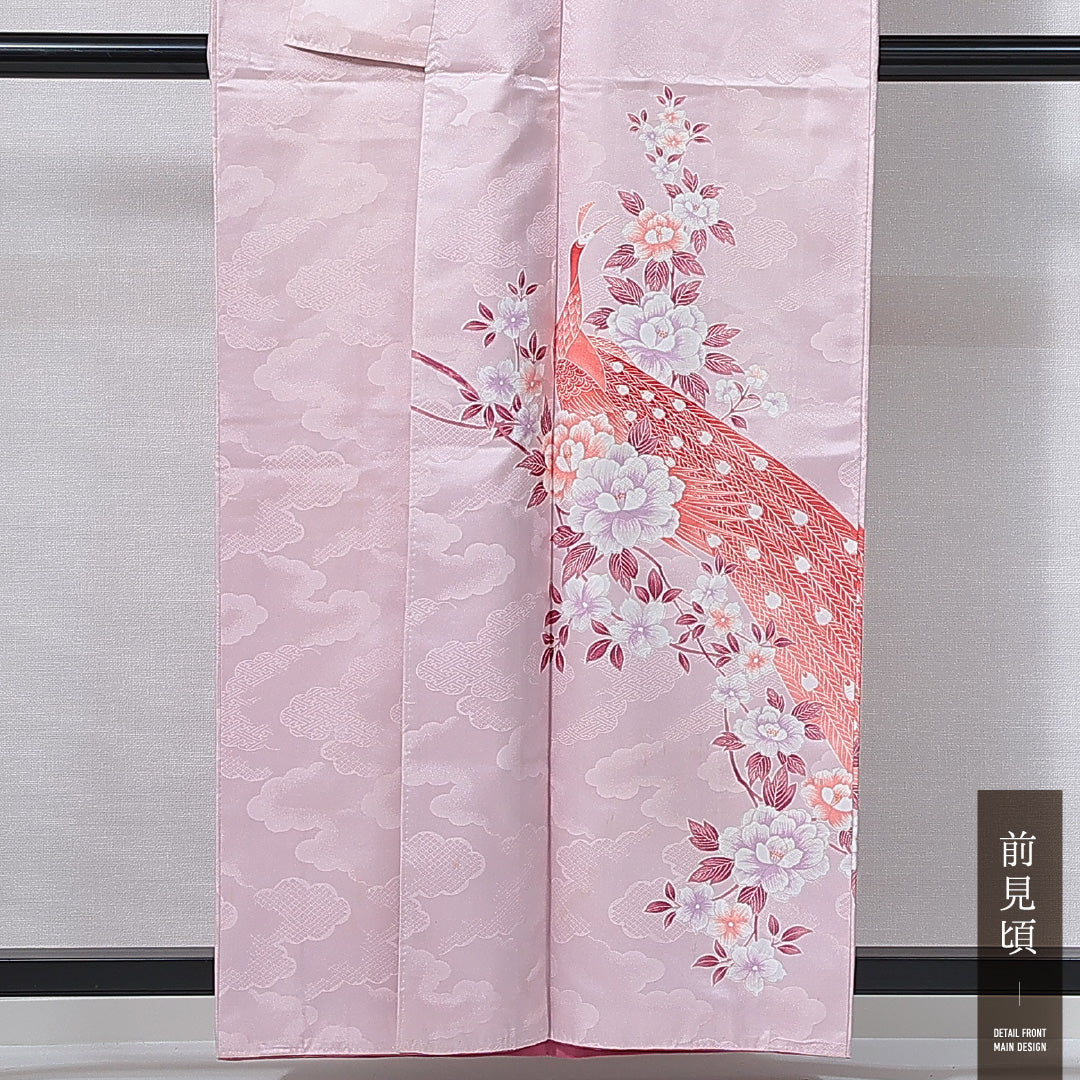 訪問着 洗える着物 袷 身丈155cm 裄丈65cm ポリエステル Cランク Mサイズ 広衿 セミフォーマル 孔雀 梅 紫系 1212-14989