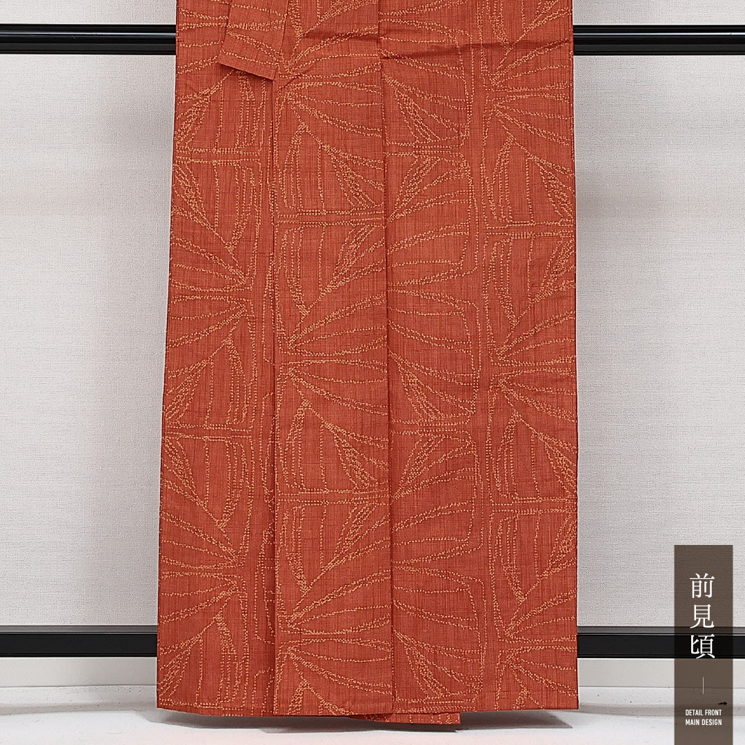 紬 単衣 身丈159cm 裄丈63cm 正絹 Sランク カジュアル 広衿 Mサイズ 麻の葉 朱系 RP 1223-14217