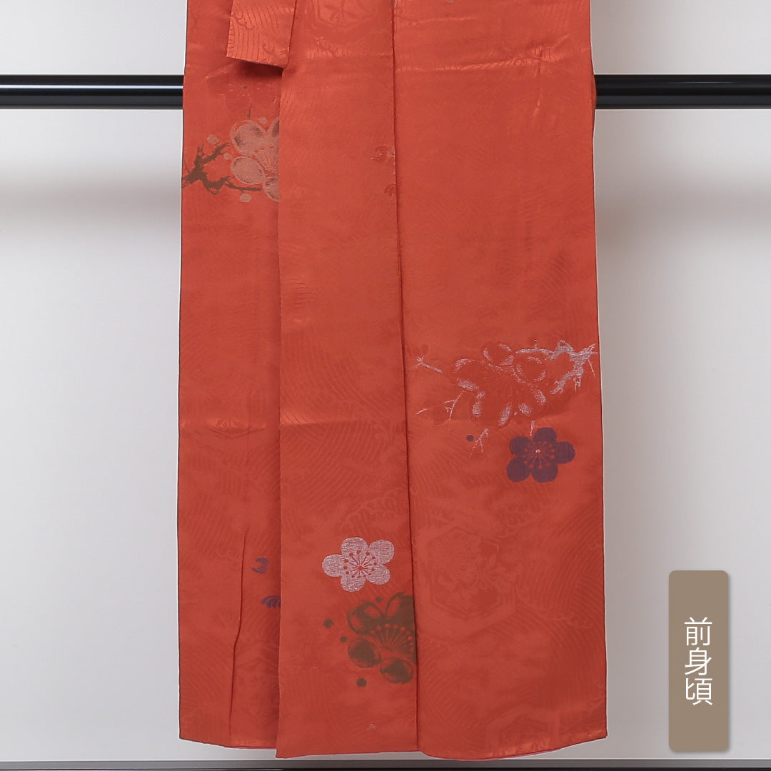 アンティーク 小紋 袷 身丈148cm 裄64.5cm 朱系 花柄 正絹 Bランク 1215-01500-4116