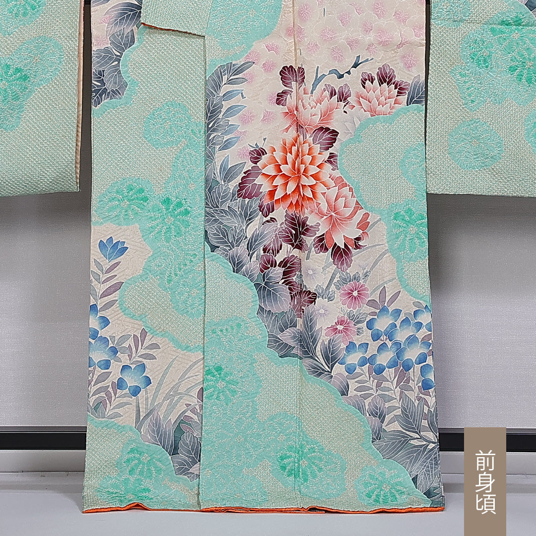 振袖 身丈166cm 裄丈67.5cm 袷 正絹 Cランク 広衿 絞り 牡丹 桔梗 菊 1213-F0398