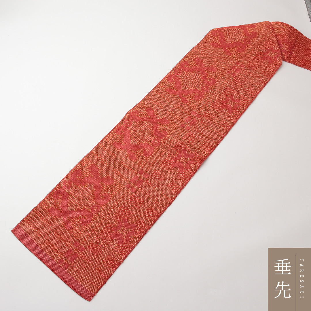 未使用品 八寸名古屋帯 (夏帯) Nランク 帯丈64cm 正絹 六通 名古屋仕立て 織り カジュアル 幾何学柄 朱系 GP 1245-02167