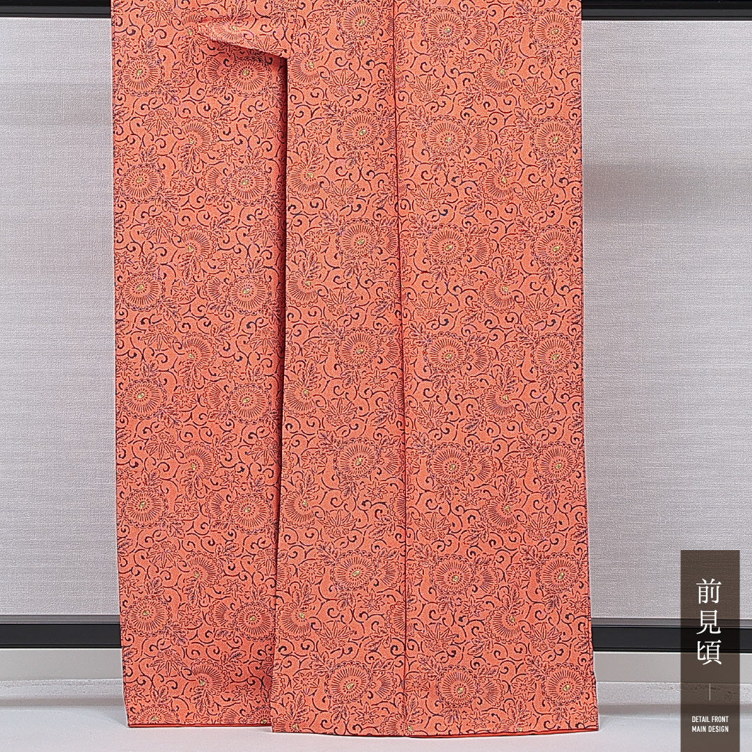 小紋 袷 身丈164cm 裄丈64cm 正絹 Sランク インフォーマル 広衿 Lサイズ 唐菊 朱系 RP 1221-15731