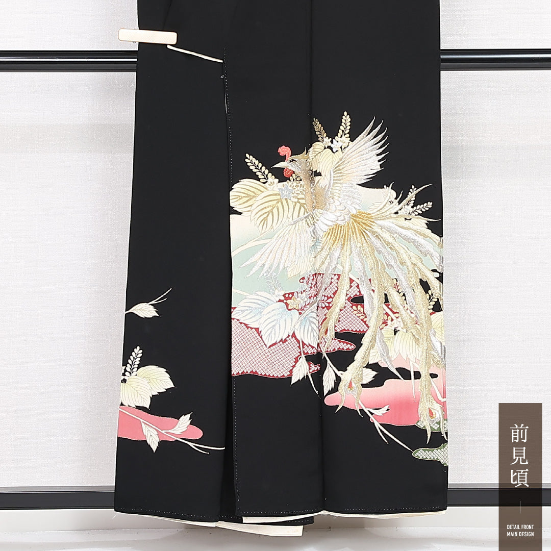 黒留袖 五つ紋 五三桐 身丈154cm 裄丈64cm Bランク 正絹 袷 比翼 広衿 S 刺繍 鳳凰 桐 フォーマル 古典的 格調高い 黒系 1211-F0530