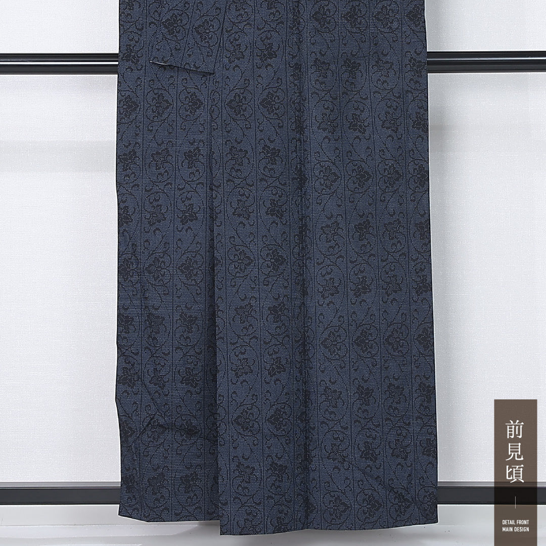 紬 単衣 身丈156cm 裄丈65cm 正絹 Aランク カジュアル 広衿 Mサイズ 唐華 亀甲絣 紺系 RP 1223-12249