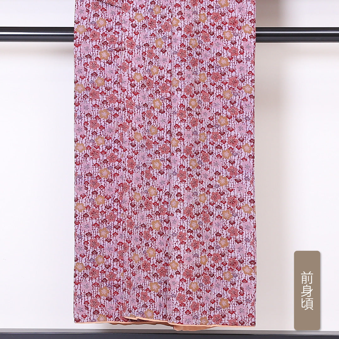 アンティーク 小紋 袷 身丈149cm 裄丈62cm 正絹 Aランク バチ衿 XSサイズ 梅 松 ピンク系 HP 1221-01929
