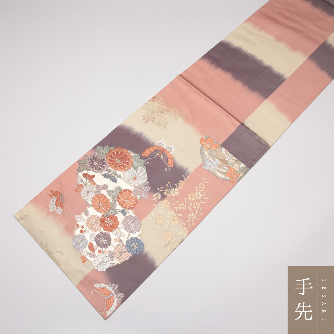 振袖用 袋帯 帯丈428cm 正絹 六通 蝶 市松 丸文 ピンク系 1243-01126