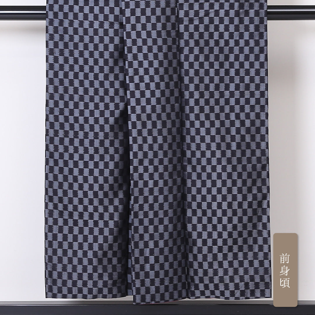アンティーク お召 袷 身丈150cm 裄丈67cm 正絹 Bランク 広衿 Sサイズ 市松 黒系 PO 1222-03330