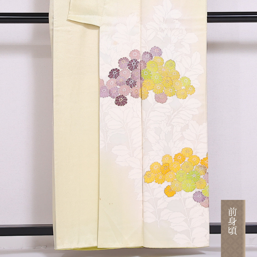 訪問着 袷 身丈156cm 裄丈63cm 正絹 Bランク セミフォーマル 広衿 Mサイズ 菊 黄系 RP 1217-04813
