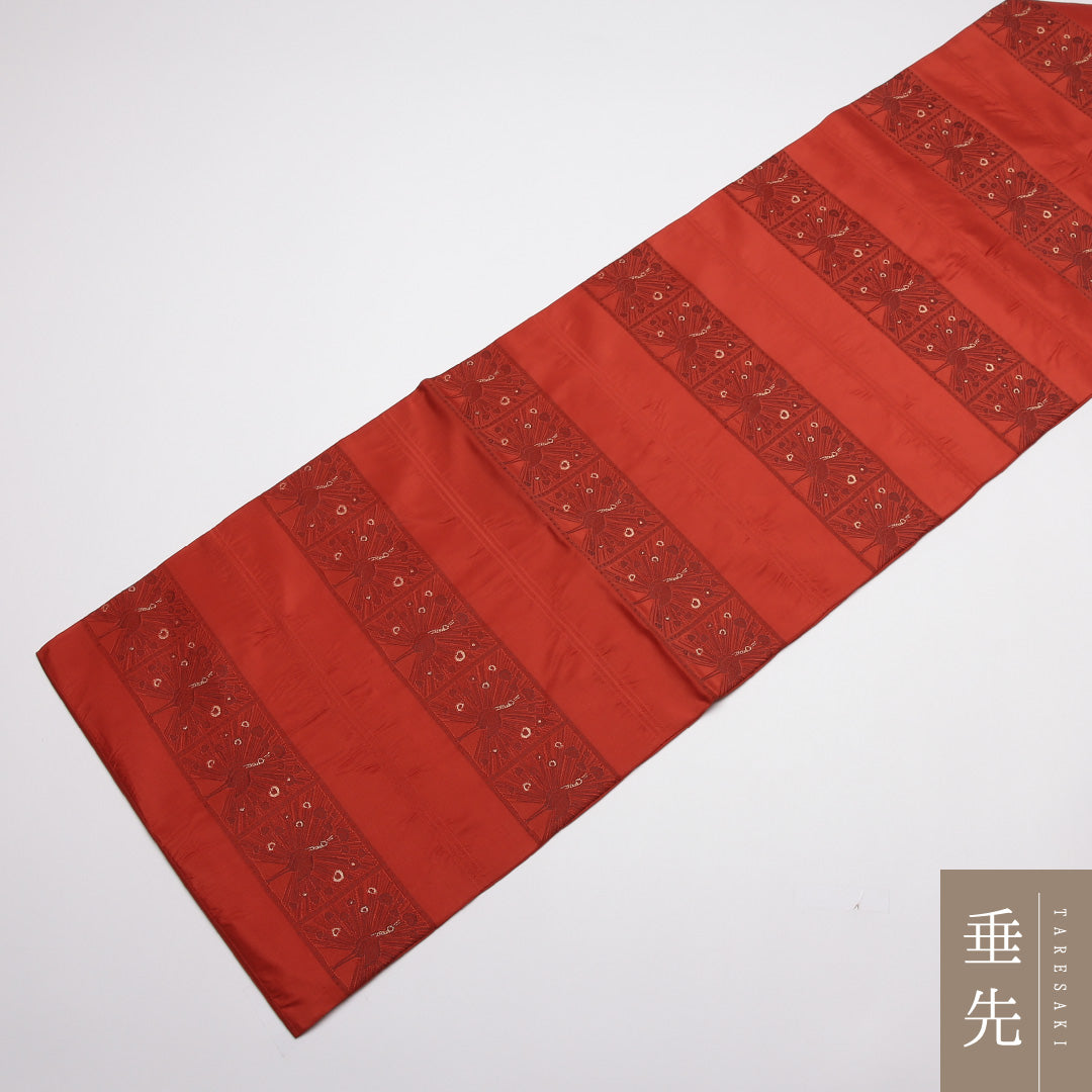 未使用品 九寸名古屋帯 帯丈356cm 正絹 全通 名古屋仕立て 織り カジュアル しつけ糸 孔雀 朱系 GP 1245-01850