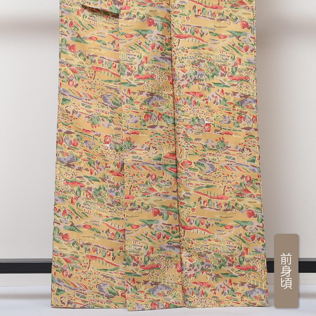 小紋 洗える着物 袷 身丈161cm 裄丈64cm ポリエステル Aランク Lサイズ 広衿 インフォーマル 茶屋辻 黄系 1215-01596