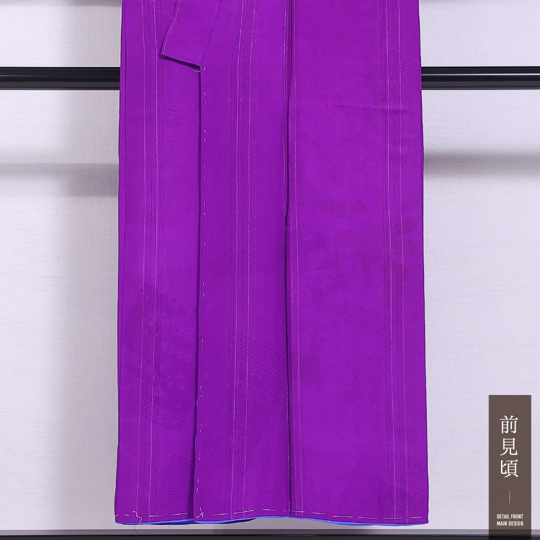 アンティーク 小紋 袷 身丈149cm 裄丈64cm 正絹 Aランク バチ衿 XSサイズ 無地 絵札 紫系 M4 1221-11767