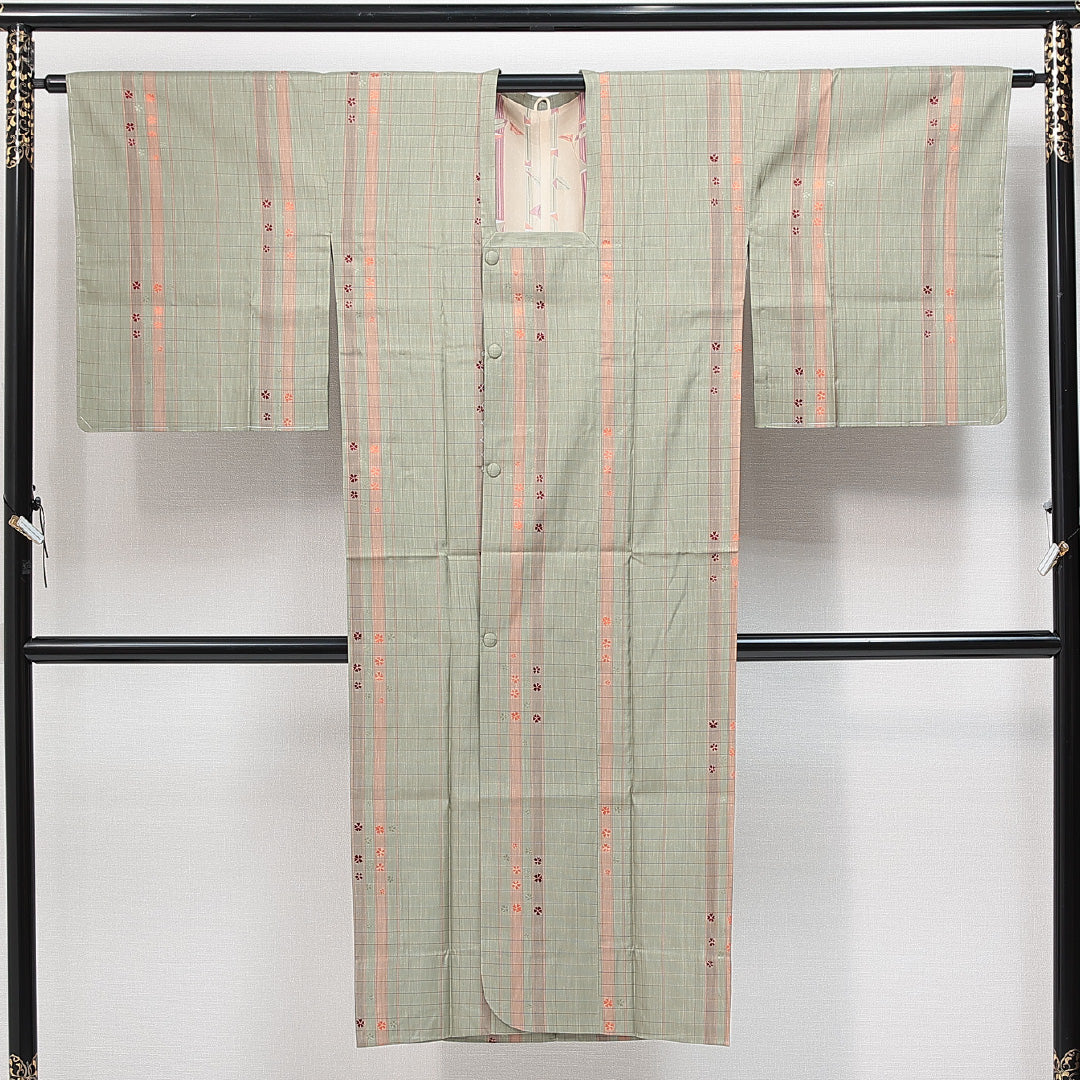 道行コート 袷 身丈132cm 裄丈66cm 正絹 Sランク Mサイズ インフォーマル ポケットあり 格子 桜 緑系 1263-14846