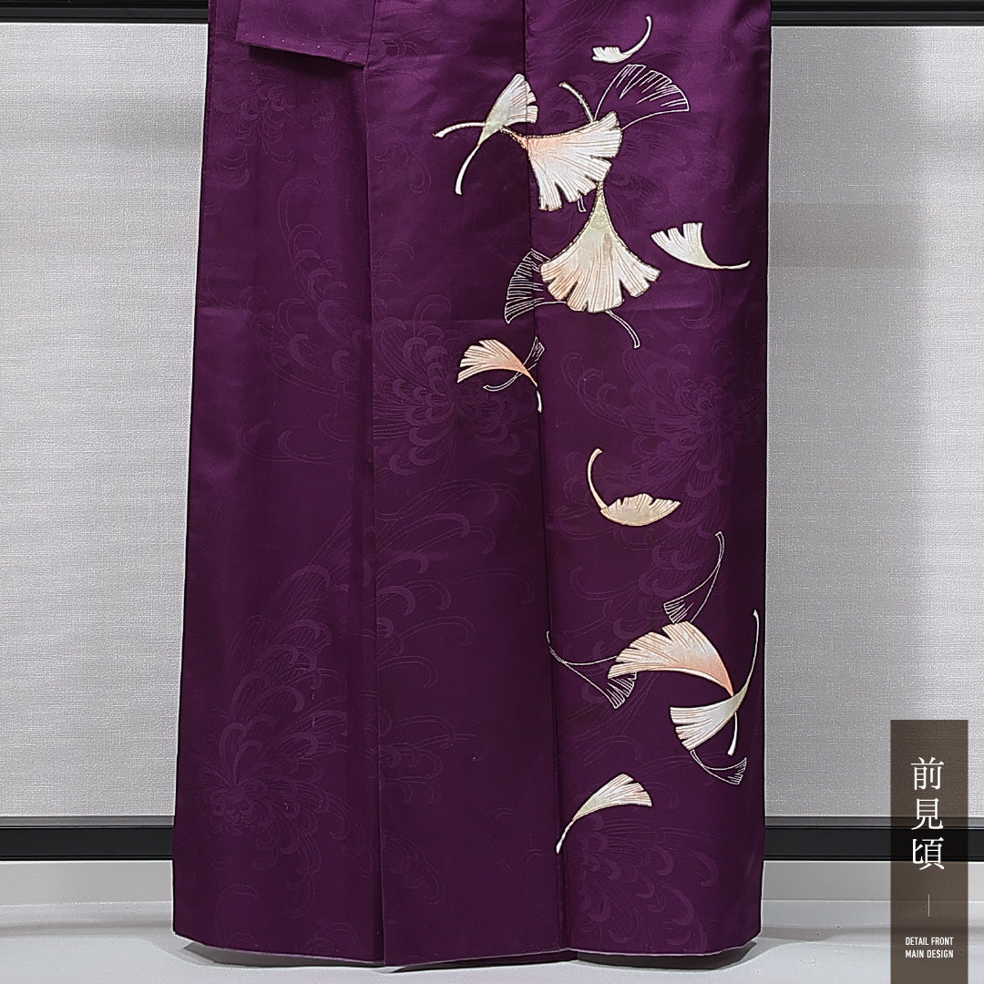 訪問着 洗える着物 袷 身丈157cm 裄丈64cm ポリエステル Cランク Mサイズ 広衿 セミフォーマル 紋意匠 菊 銀杏 紫系 1212-14992