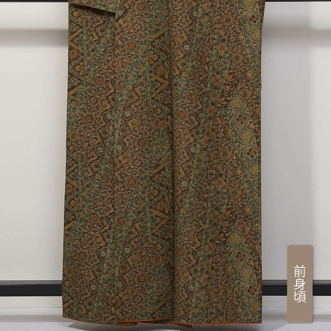 小紋 袷 身丈160cm 裄65cm 茶系 ボタニカル オリエンタル 更紗 紬 正絹 Sランク 真綿紬 1215-01677-2414