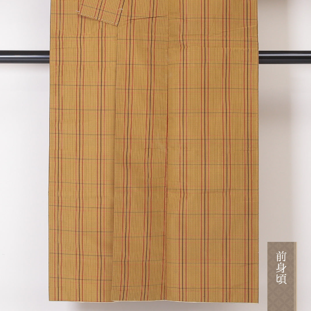 紬 袷 身丈146cm 裄丈62cm 正絹 Bランク カジュアル 広衿 XSサイズ 格子 黄系 RP 1223-03394