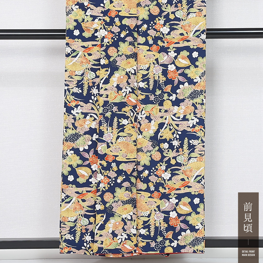 小紋 身丈155cm 裄丈66cm Aランク M 正絹 袷 バチ衿 吉祥文様 花柄 植物柄 京紅型 カジュアル 紺系 1215-12032